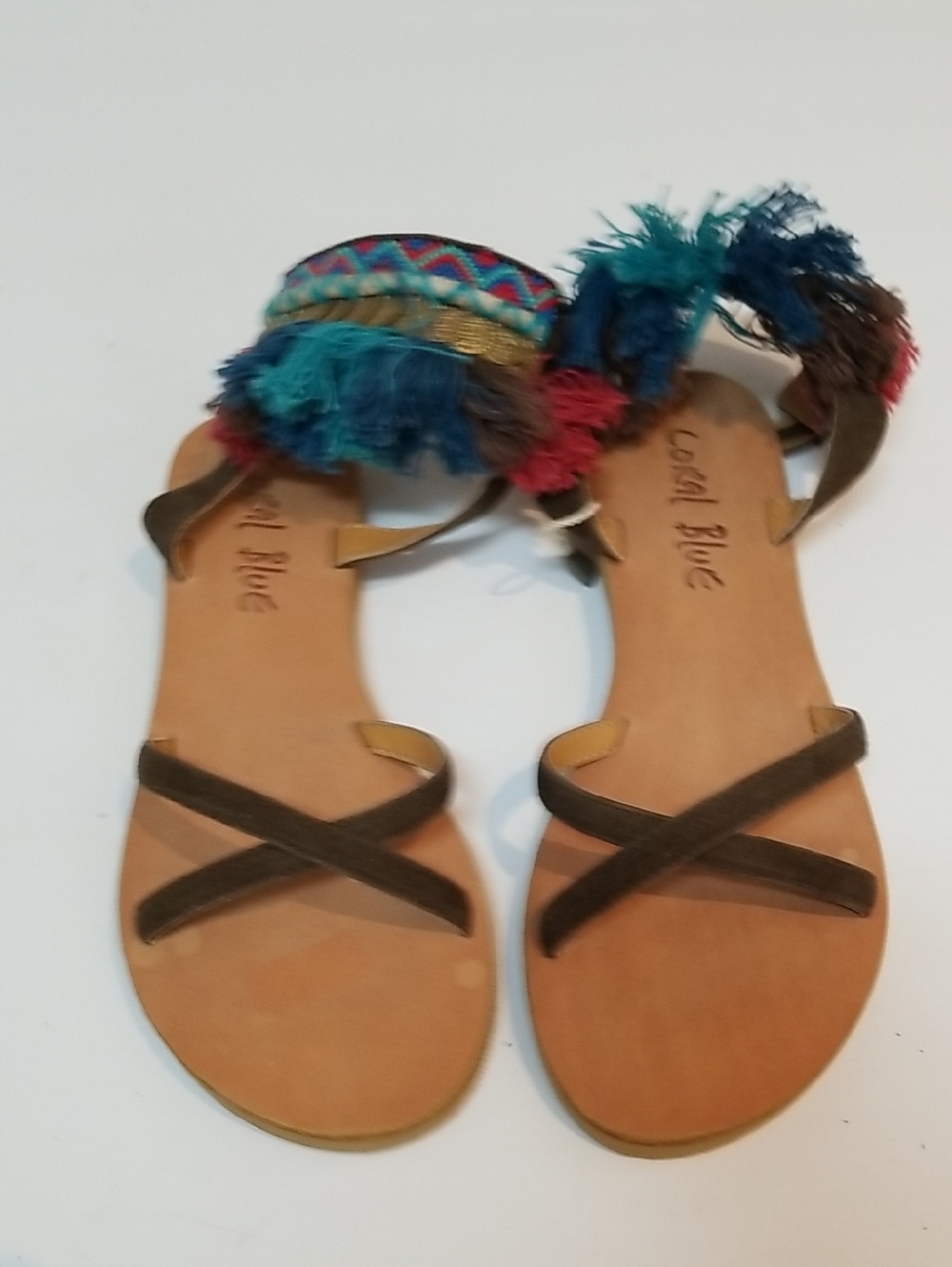 Bohemian Fringe Flat Sandals in Teal & Brown